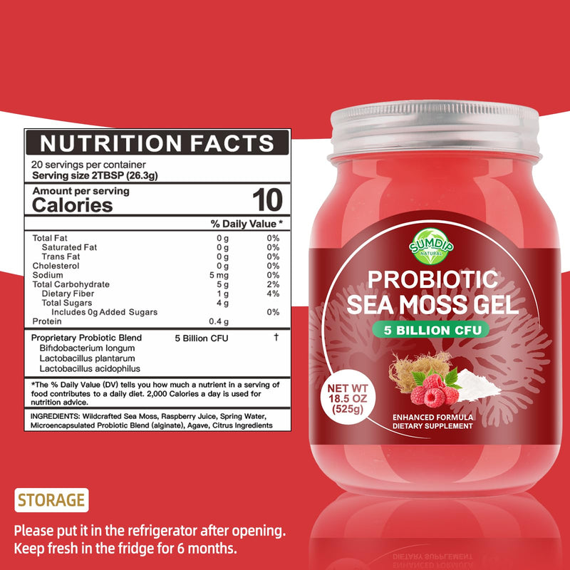 Sea Moss Gel with 5B CFU Probiotic for Digestive Support Raspberry 18.5oz | Irish Wildcrafted Seamoss Gel Raw Rich In Vitamins & Minerals Vegan Non-Gmo Gluten-Free 18.5 Fl Oz (Pack of 1)