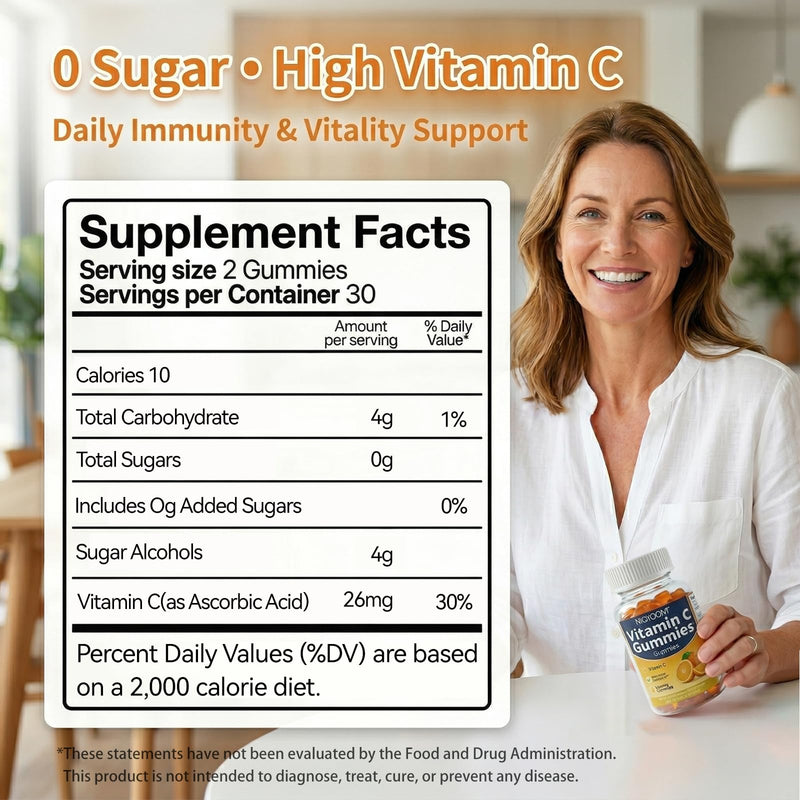 Vitamin C Gummies for Adults, Sugar Free with Orange Flavored, Vitamin C Gummies, Supports Skin Health & Immune Function, 60 Count 30-Day Supply.