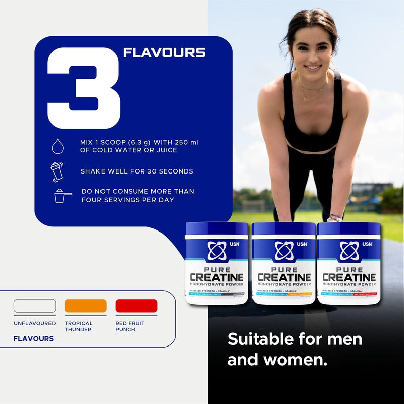 USN Micronised Creatine Powder 500g (79 Servings): Tropical Thunder Flavour, 100% Pure Creatine Monohydrate Powder for Performance and Muscle Recovery, Suitable for Vegans 79 Servings (Pack of 1)
