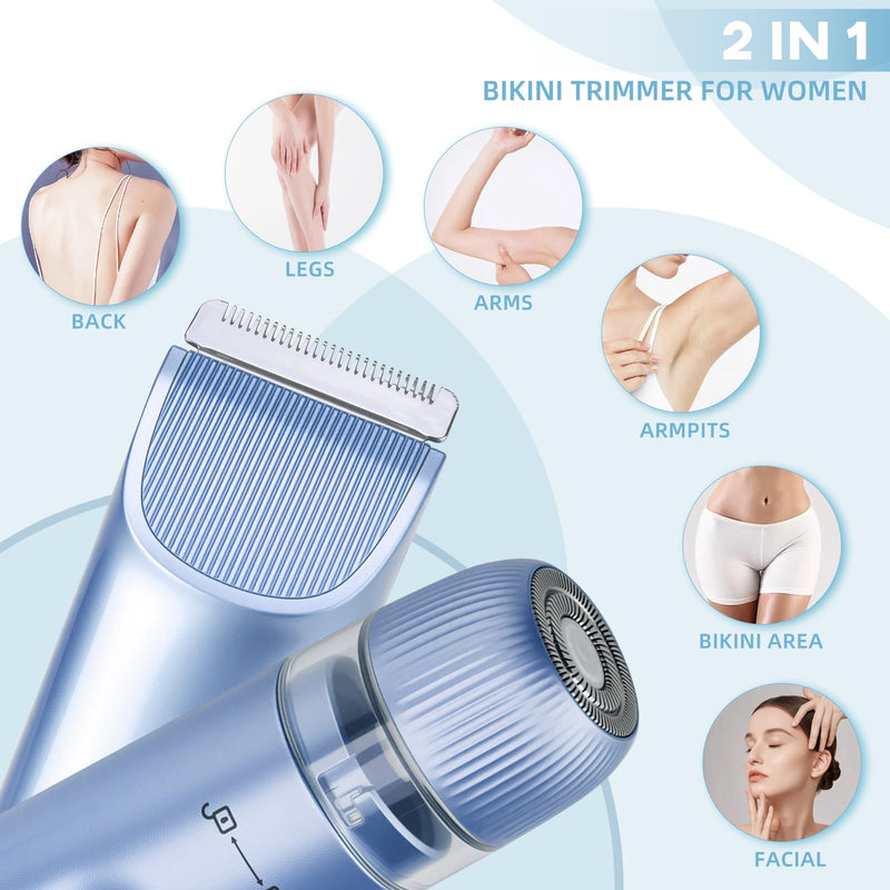 [Australia] - Bikini Trimmer for Women,Dual Head Shaver, IPX7 Waterproof, Compact Travel Design Bikini Shaver for Public Hair, Facial and Body(Blue) Blue 