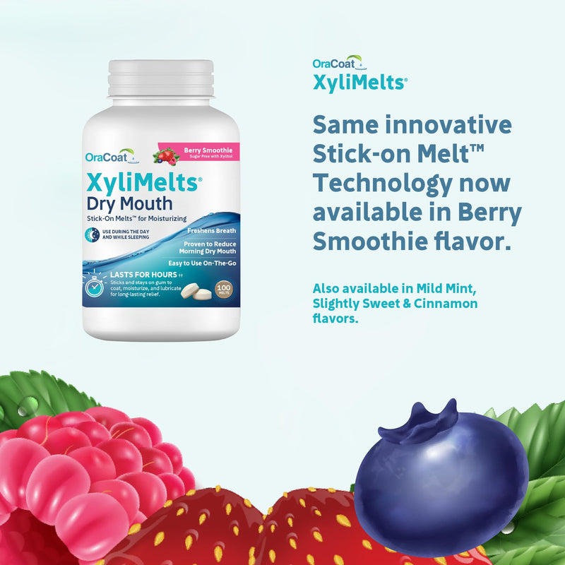 [Australia] - OraCoat XyliMelts Dry Mouth Relief Moisturizing Stick-On Melts Berry Smoothie with Xylitol, For Dry Mouth, Stimulates Saliva, Non-Acidic, Day and Night Use, Time Release for up to 8 Hours, 100 Count 