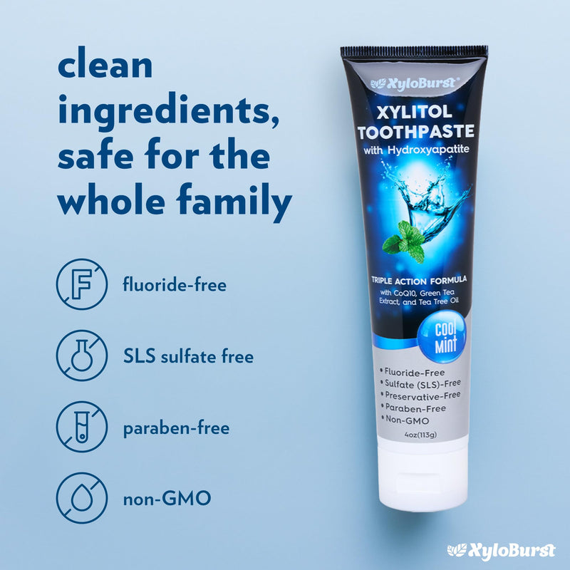 [Australia] - XyloBurst Hydroxyapatite Toothpaste with Xylitol - Fluoride-Free Hydroxyapatite Toothpaste, SLS-Free, Paraben Free, Cruelty Free, Made in The USA, Cool Mint, 4 oz Tube (3 Tubes) 3 Pack 