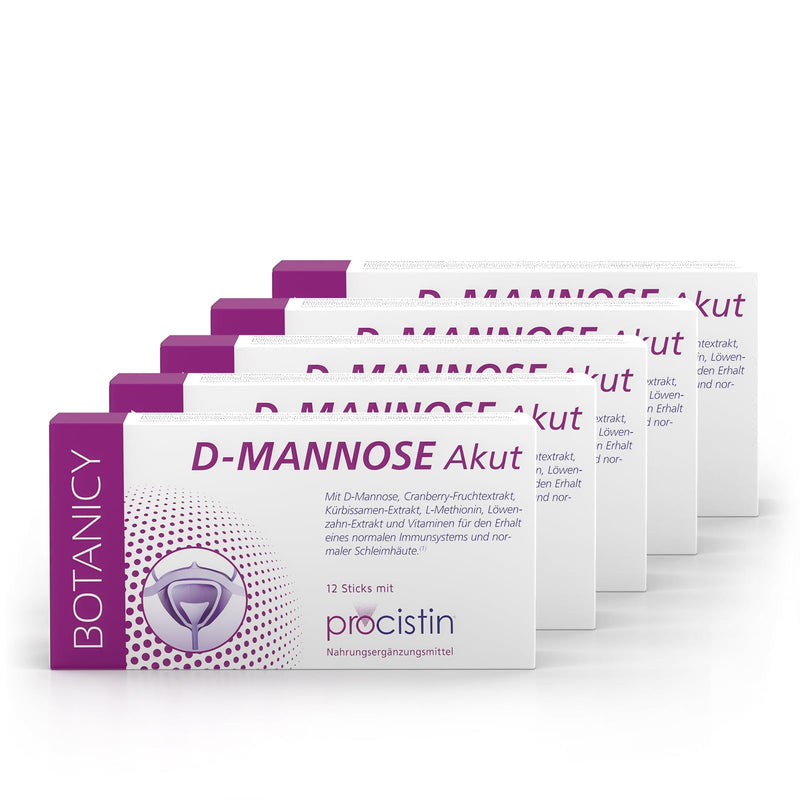 [Australia] - BOTANICY D-Mannose + Cranberry Acute - For cystitis & urinary tract infections - PROCISTIN® D-Mannose powder with cranberry extract - including dandelion, without artificial additives & genetic engineering, pack of 5 (60 sticks) 