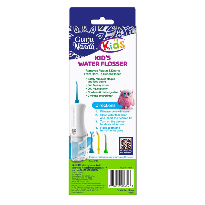 [Australia] - GuruNanda Kids Water Dental Flosser - 4 Flossing Modes, 4 Nozzles, 2-Min Smart Timer, Ages 6+, Monster Frens Theme, Portable Oral Care for Kids 