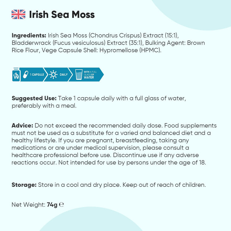 Irish Sea Moss 4000mg - 4 Months Supply - 120 Sea Moss Capsules - Added with 639mg of Bladderwrack - 1 Capsule a Day - Made in the UK - Non-GMO - Vegan & Magnesium Stearate-Free Supplement