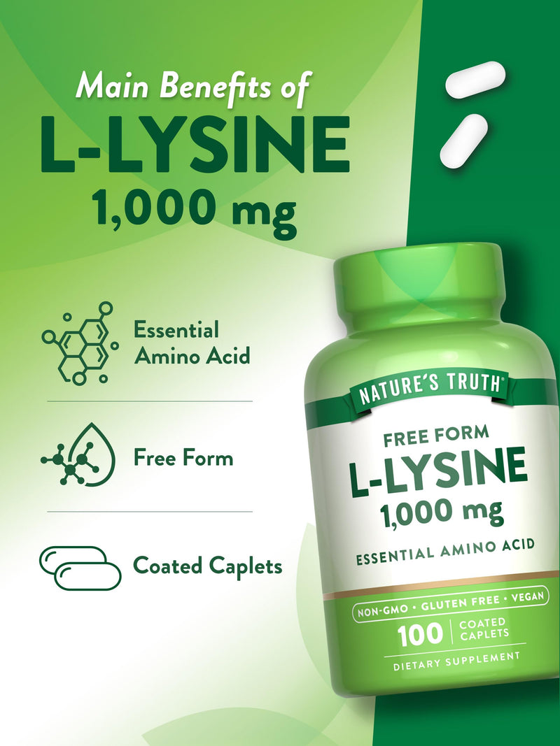 [Australia] - Nature's Truth L Lysine 1000mg | 100 Coated Caplets | Free Form | Vegetarian, Non-GMO, & Gluten Free Supplement 