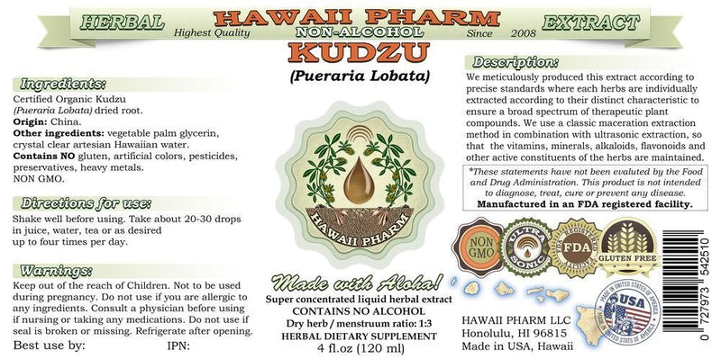 [Australia] - Hawaii Pharm Kudzu Alcohol-Free Liquid Extract, Organic Kudzu (Pueraria lobata) Dried Root Glycerite Natural Herbal Supplement 2 oz 2 Fl Oz (Pack of 1) 