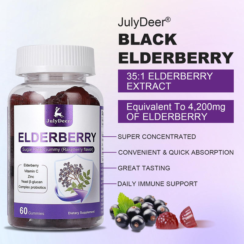 Sambucus Elderberry Gummies - Immune Support for Adults & Kids 4+ | 5 in 1 with Vitamin C, Zinc, Yeast β-glucan, Probiotics Complex, Nature Elderberry Supplement, Non-GMO丨60 Gummies 60 Gummies 1 Bottle