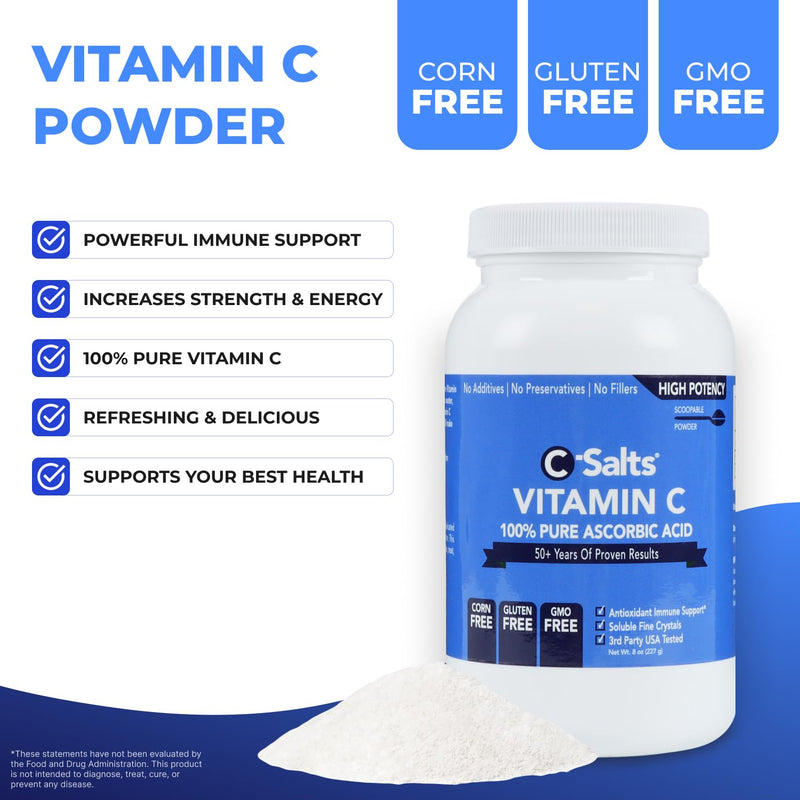 C-Salts Ascorbic Acid Powder 1000mg - Pure Vitamin C Supplement for Immune Support and Antioxidant Defense - 100% Pure with No Additives, cGMP Certified, Non-GMO, 8oz 8 Ounce (Pack of 1)