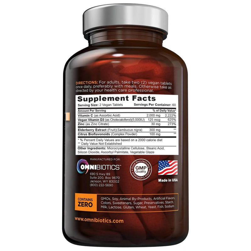 OmniBiotics Ultimate Vitamin C Supplement 2000mg – with Zinc, Elderberry Extract, and D3 – High Potency Immune Support & Collagen Booster – 120 Vegan Tablets 120 Count (Pack of 1)
