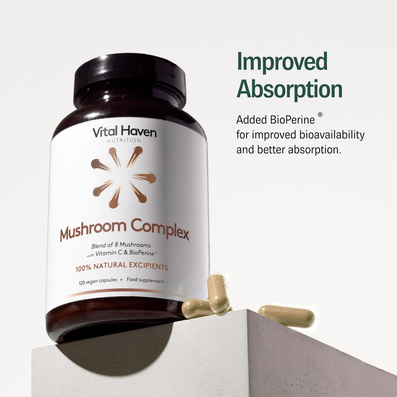 Mushroom Supplement - Lions Mane, Reishi, Cordyceps, Shiitake, Maitake, Chaga, Agaricus Blazei, Tremella with VIT C - UK Made