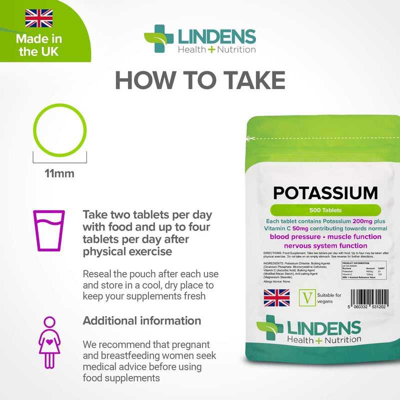 Lindens - Potassium 200mg, 500 Tablets - with 50mg Vitamin C Per Tablet - UK Made - Contributing to Normal Blood Pressure, Muscle and Nervous System Function - Letterbox Friendly, Vegan 500 count (Pack of 1)