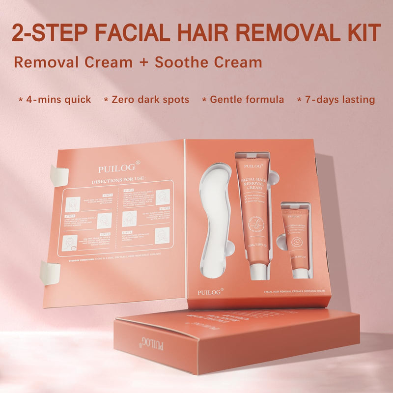 [Australia] - Facial Hair Removal Cream Kit for Women – Depilatory & Post Care Soothing Cream, 4 Min Painless & Flawless Face Hair Remover, Gentle Plant Formula for Sensitive Skin 