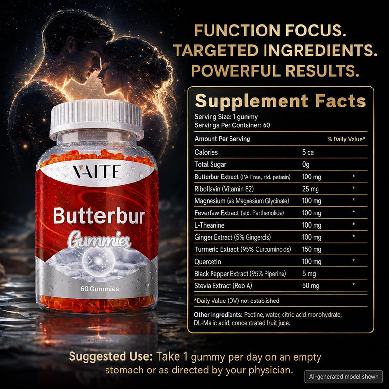 VAITE Butterbur Extract 9-in-1 Herbal & Mineral Complex with Riboflavin B2, Magnesium Glycinate, Feverfew, L-Theanine, Ginger, Turmeric, Quercetin & Black Pepper – Vegan, Non-GMO, 60 Gummies