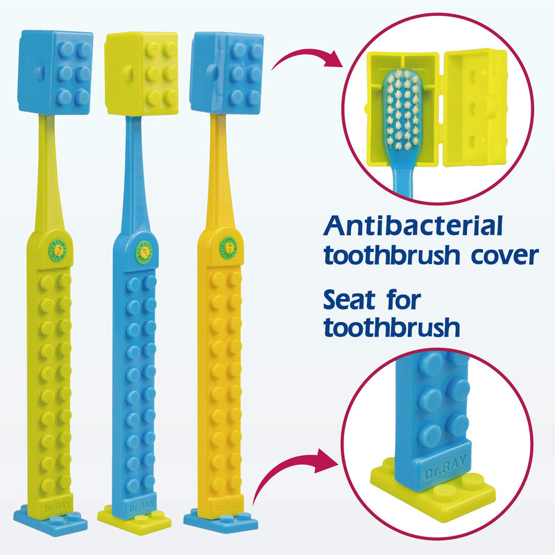 [Australia] - Dr.RAY Kids Toothbrush with Building Blocks and Toothbrush Covers, Extra Soft, Ages 6+ (Pack of 3, Multi-Colored) 