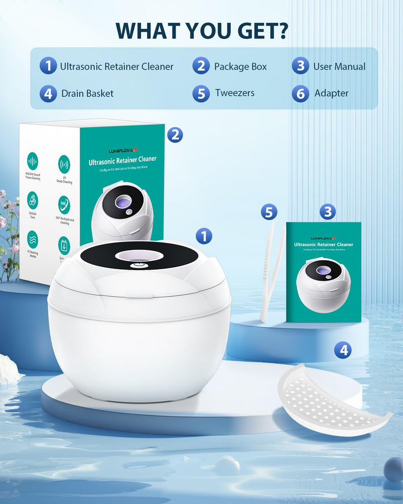 [Australia] - Retainer Cleaner Machine, 45kHz Portable Ultrasonic Cleaner, 4 Cleaning Modes, 200ml Stainless Steel Tank, Digital Timer, Includes Tweezer & Drain Basket for Jewelry, Glasses, Watches, & More White 