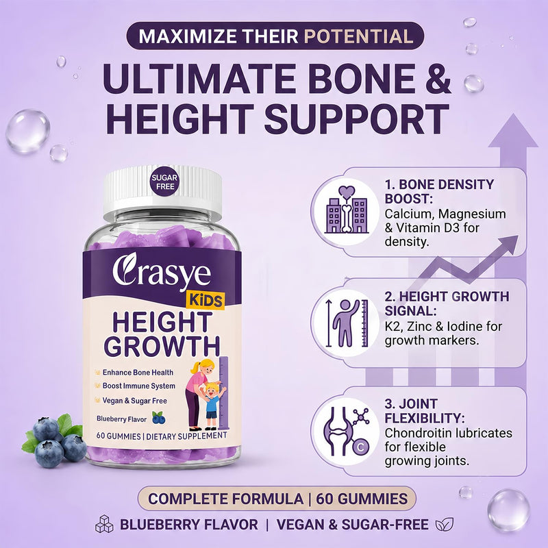 Tru Height Growth Gummies for Kids & Teens, True Height Growth Gummies - Calcium, Vitamin D3 + K2, Zinc, Teen Bone Strength and Immunity, 60 Counts