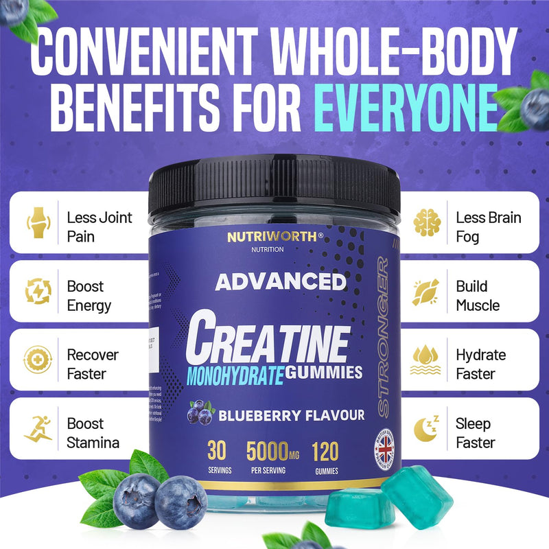 Creatine Gummies 5000mg | Lab Tested | Creatine Monohydrate | Full Month Supply | UK Formulated Vegan & Sugar Free | Pre/Post Workout Gym Supplement for Men & Women | 120 Counts - Blueberry