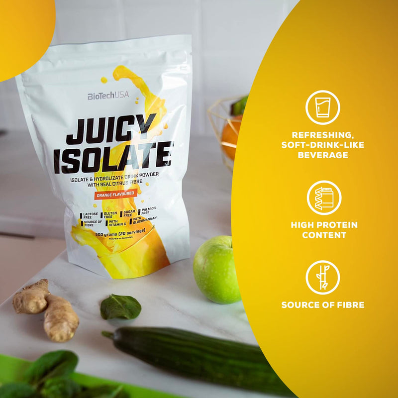 BioTechUSA Juicy Isolate | Gluten-Free, Lactose-Free, Sugar-Free | Refreshing Protein Soft Drink | with Fiber and Vitamin C, 500 g, Orange