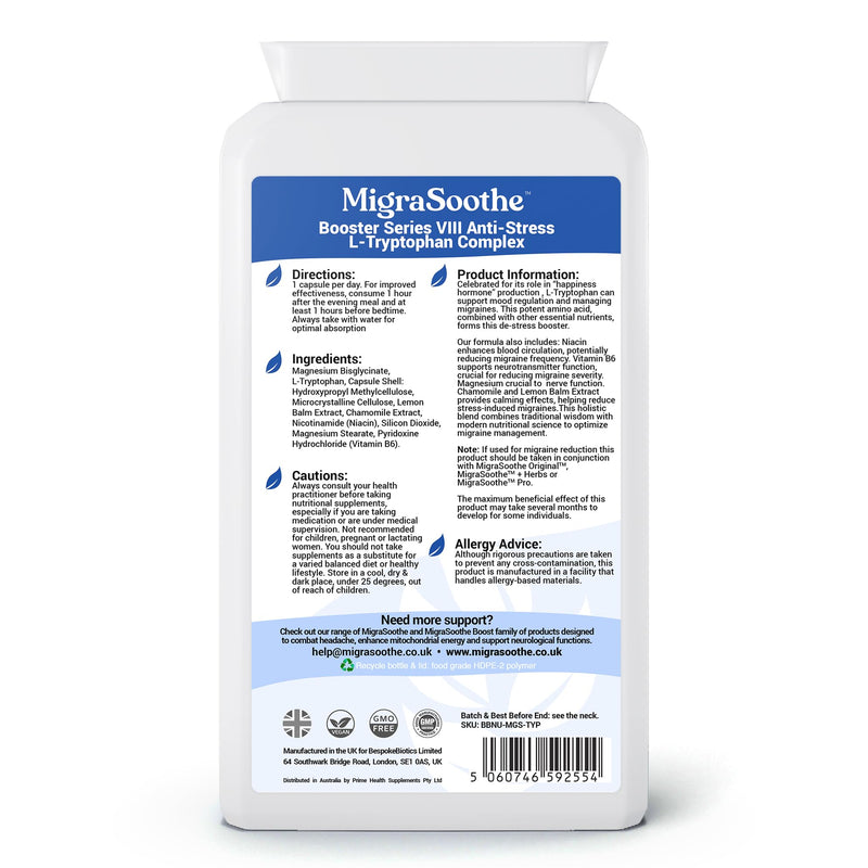 L-Tryptophan Complex Booster Series VIII – Anti-Stress Formula for Migraine Calm and Relaxation – 120 Vegan Capsules (120)