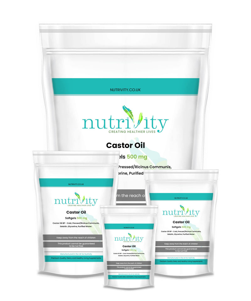 Castor Oil 500mg Soft Gels | Intestinal Help | Constipation Relief | Healthy Hair & Skin | Halal | 4 Months Supply | Made in The UK to GMP Standards by Nutrivity (120) 120 count (Pack of 1)