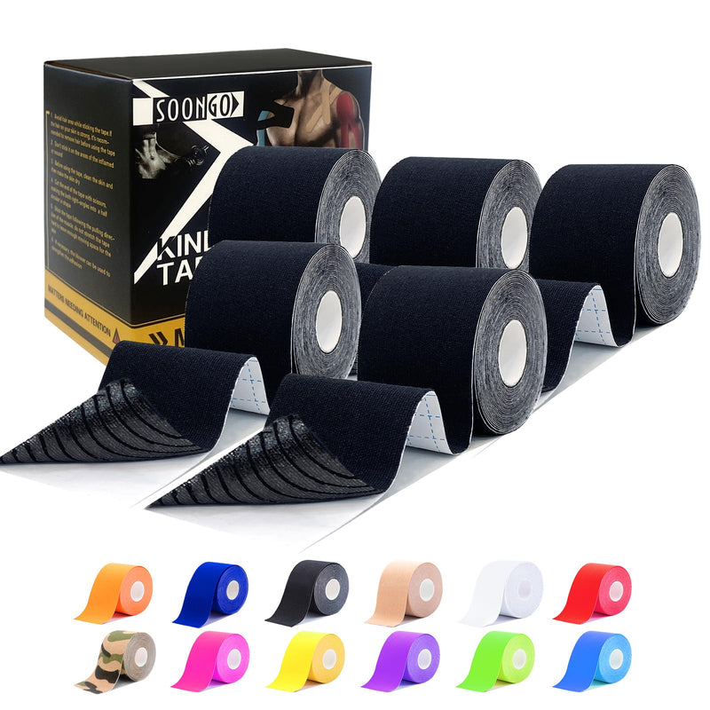 SOON GO Kinesiology Tape Pro 5 Rolls, 2 Inch High Elasticity Sports Tape Therapeutic Pain Relief–Physio Tape for Muscle Recovery & Joint Support, Waterproof & Hypoallergenic & Breathable–Black Black 5 Count (Pack of 1)