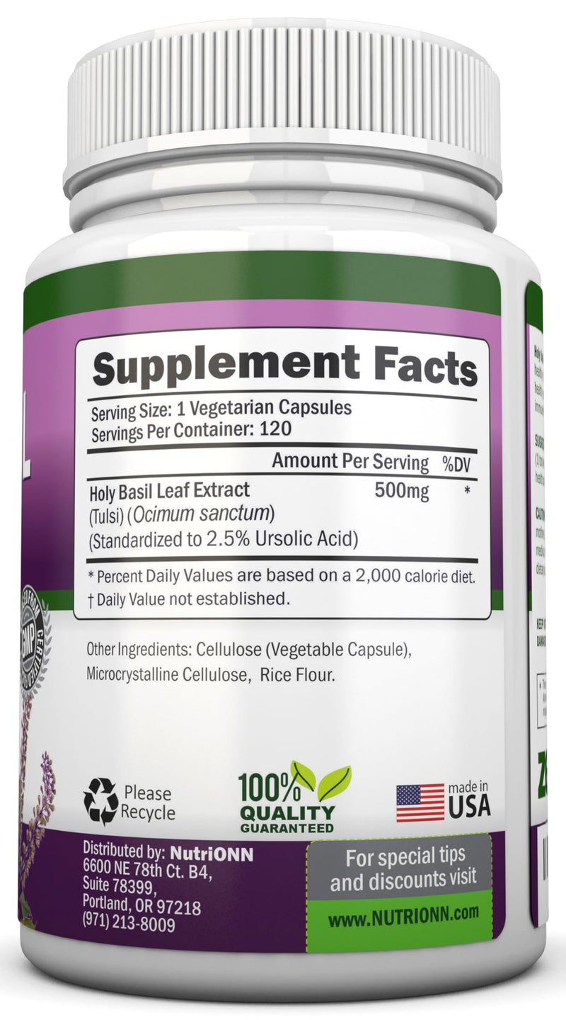 [Australia] - Holy Basil Leaf Capsules - 500mg - 2.5% Ursolic Acid - 120 Vegan Capsules - Real Tulsi Extract Supplement - Positive Mindset - Adaptogenic & Ayurvedic Herb 
