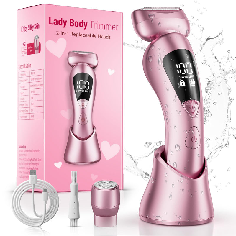 [Australia] - Electric Bikini Trimmer for Women: Rechargeable Painless Shaver for Body Hair - IPX7 Waterproof Cordless Razor with LED Display for Face/Leg Light Pink 
