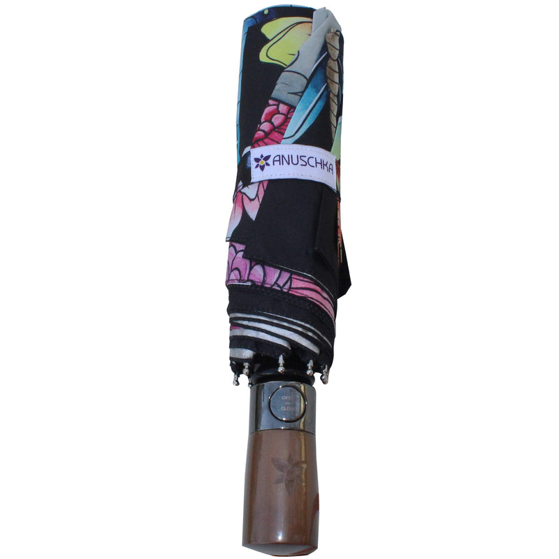 Anuschka Umbrella AUTO Open/Close - UPF 50+ Max Sun protection - 38” Waterproof Canopy - Fits in Handbag - Windproof Flexible Fiberglass - Day of the Dead