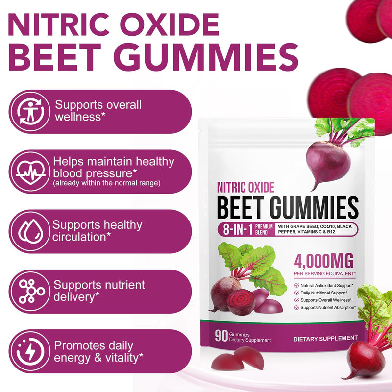 Beet Root Gummies, 90 Count Beetroot Gummies for Heart Health Support, Sugar Free, Extract Supplement with Vitamin C, B12, for Blood Pressure, Nitric Oxide Booster, Heart Health