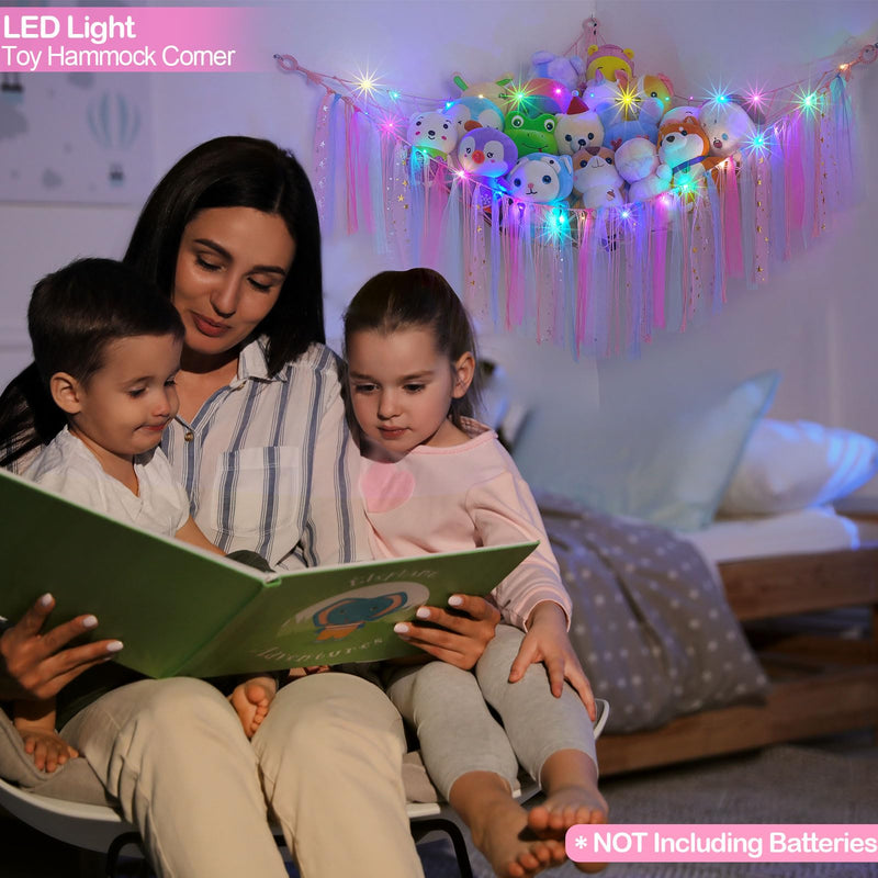 [Australia] - FIOBEE Stuffed Animals Net or Hammock with LED Light, Toy Hammock Hanging Stuffed Animals Storage Organizer Holder Room Décor for Nursery Kids Bedroom Pink 