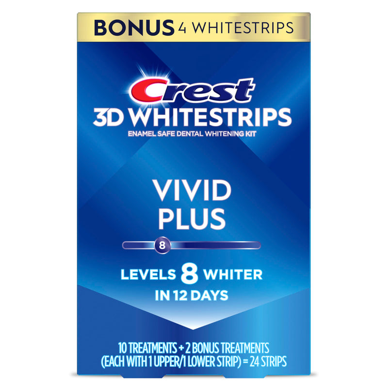 Crest Teeth Whitening Strips, Crest 3D Whitestrips Vivid Plus, Enamel Safe Teeth Whitening Kit, 12 Treatments (24 Strips), Visibly Whitens in Days, 8 Levels Whiter