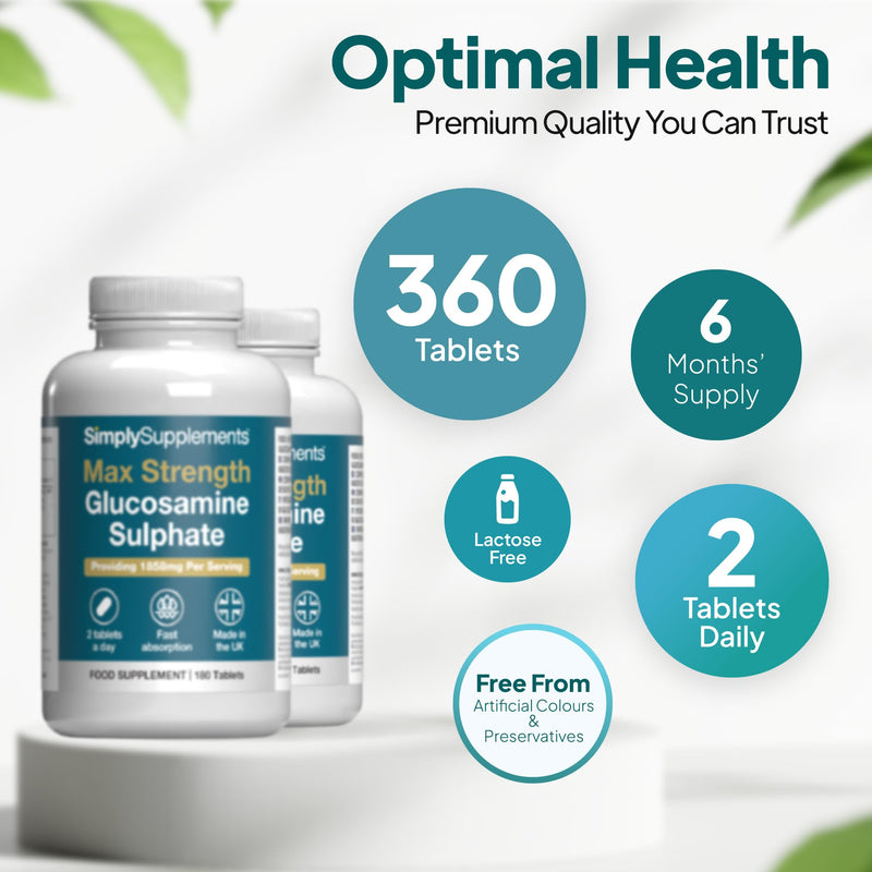 Max Strength Glucosamine Sulphate 2KCl | Supports Active Lifestyles | 1858mg per Serving | Marine Sourced | 360 Tablets = 6 Months’ Supply | Manufactured in The UK in Accordance with GMP Standards Unflavoured 180 count (Pack of 2)