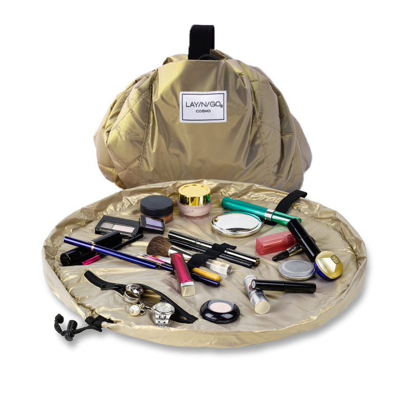 Lay-n-Go Cosmo Drawstring Cosmetic Pouch & Makeup Bag Organizer - Metallic Bundle - Toiletry Bag for Travel, Gifts, and Daily Use, 20 inch, Metallic Silver & Gold