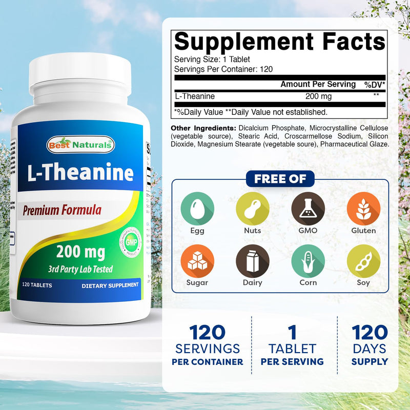 Best Naturals L-Theanine 200mg per Tablet (400mg per 2 Tablets) - Promotes Relaxation Without Drowsiness - 120 Vegetarian Tablets - (120 Count (Pack of 1)) 120 Count (Pack of 1)