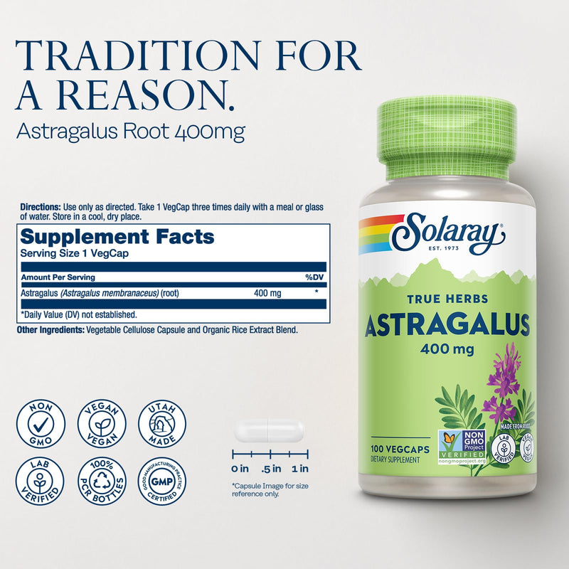 [Australia] - SOLARAY Astragalus Root 400mg – Traditional Herbal Support - Non-GMO, Vegan & Lab Verified - 100 Servings, 100 VegCaps 100 Count (Pack of 1) 