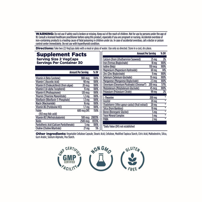 KAL Women’s 18 Plus Multivitamin – Iron Supplement and Multivitamin for Women with Vitamin D and Vitamin C - Support for PMS, Cellular Energy, Mood, Immune Health – 30 Servings, 60 VegCaps