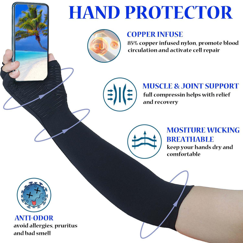[Australia] - Long Arthritis Compression Gloves for Women Men, Copper Gloves for Joint Pain Relief, Swelling, RSI, Fingerless Carpal Tunnel Glove for Work, Computer Typing, Support Hands, Wrist and Arms (Large) Large Black 