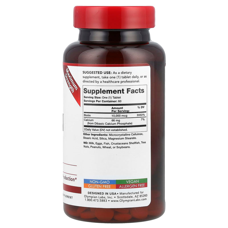 Olympian Labs Max Strength Biotin Vitamin B7 Supplement, 10,000mcg Tablets, Improve Hair, Skin & Nail Growth, 60 Vegan Tablets