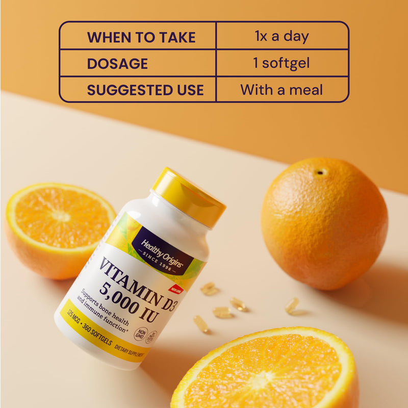 Healthy Origins Vitamin D3 5,000 IU, Non-GMO, 120 Softgels 120 Count (Pack of 1)