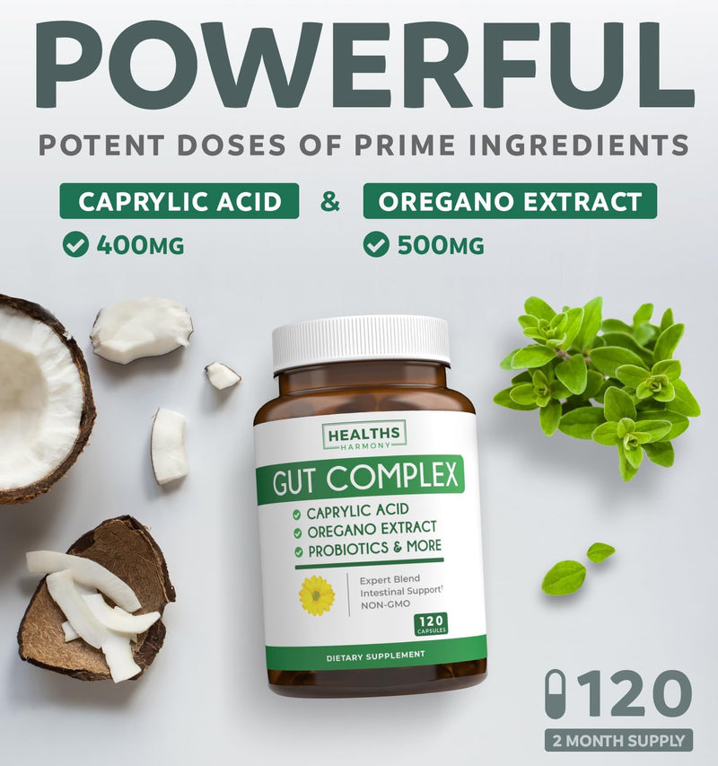 [Australia] - Candida Support (120 Capsules) - Caprylic Acid, Oregano Oil & Probiotics Help Maintain Already Normal Levels of Yeast and Candida - Vegetarian, Non-GMO Intestinal Supplement - Gut Cleanse (No Pills) 