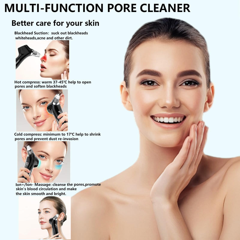 Blackhead Remover Vacuum Face Suction Pore Cleaner with Hot&Cold Compress Positive&Negative Ion Massage Nose Whitehead Remover Pimple Sucker with 5 Probes Pore Extractor Tool… (Black) Black