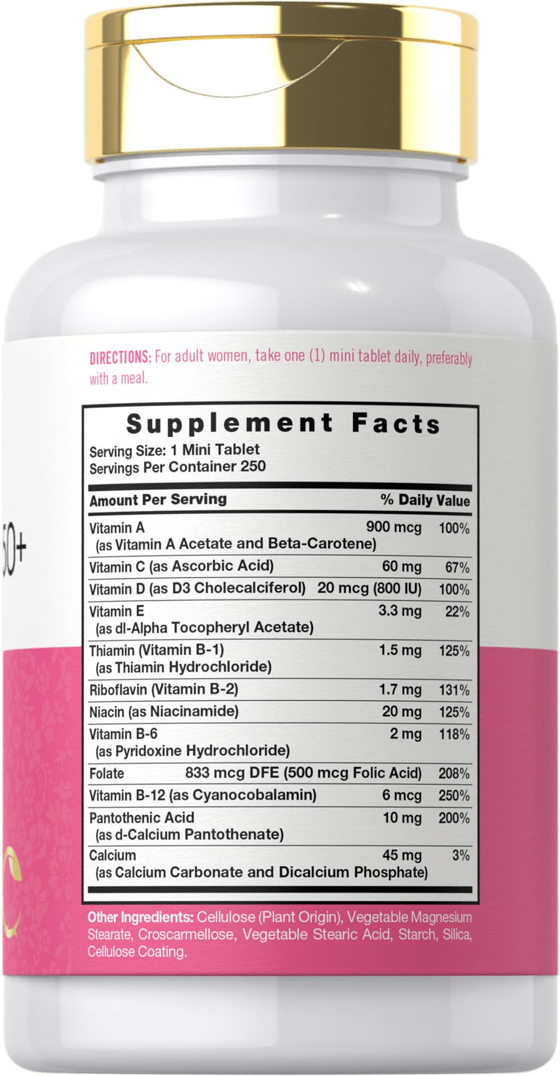 Carlyle Multivitamin for Women 50 and Over | 250 Mini Tablets | Supplement with B-Vitamins, D3, Calcium and Folate | Iron Free | Non-GMO, Gluten Free