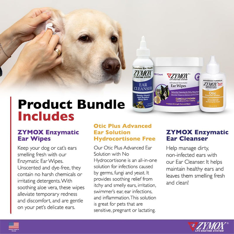 Zymox Enzymatic Ear Wipes, Ear Cleanser, & Otic Plus Ear Solution Hydrocortisone Free for Dogs and Cats - Product Bundle - for Dirty, Waxy, Smelly Ears and to Soothe Ear Infections - PawsPlanet Australia