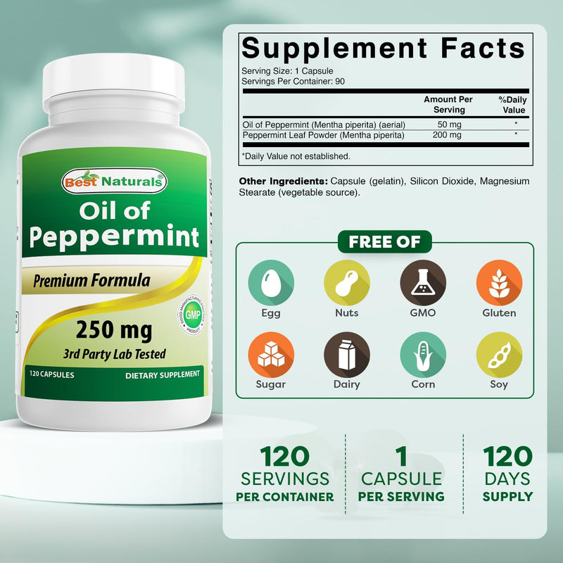 [Australia] - Best Naturals Peppermint Oil Bowel Soothing Dietary Supplement, 250 mg, 120 Count 120 Count (Pack of 1) 