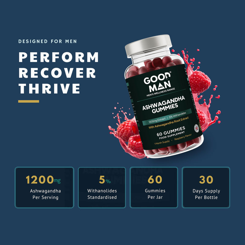 Good Man Ashwagandha Gummies 1200mg | 5% Withanolides Standardised Extract | Adaptogen Supplement for Stress & Resilience | Natural Raspberry Flavour | Vegan | 60 Gummies | UK Manufactured