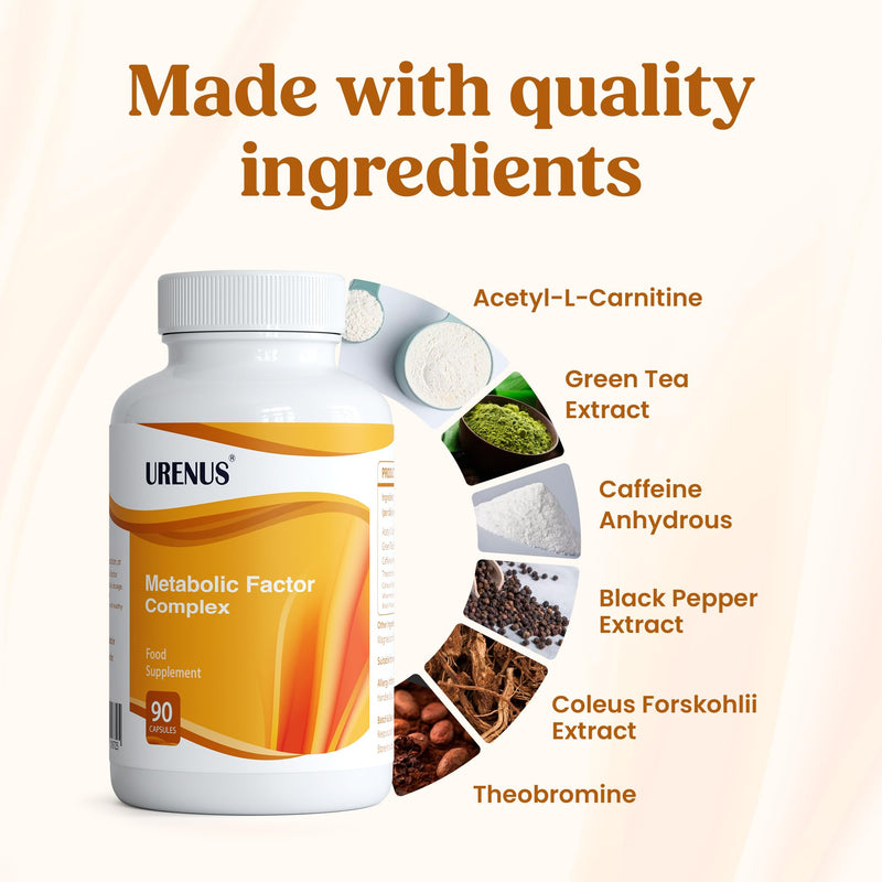 Metabolic Factor Complex Capsules – Energy & Metabolism Support with Acetyl L-Carnitine 500mg, Green Tea Extract 500mg, Caffeine 250mg, Coleus Forskohlii & Theobromine – 90 Vegan Capsules