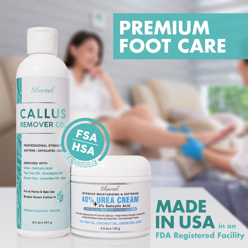 Ebanel Set of Salon Grade Callus Remover for Feet Gel + 40% Urea Foot Cream | Dry Cracked Heel Repair with Salicylic Acid, Epsom Salt, Helps Soften and Smooth Calluses and Rough Skin for Baby-Soft Feet 13.1 Ounce (Pack of 1)