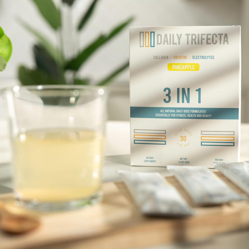 DAILY TRIFECTA 3-in-1 Collagen, Creatine & Electrolyte, Pineapple | Type I Collagen, Creatine Monohydrate, Zero Sugar, 30 Natural Single-Serve Packets, Strength, Hydration & Recovery