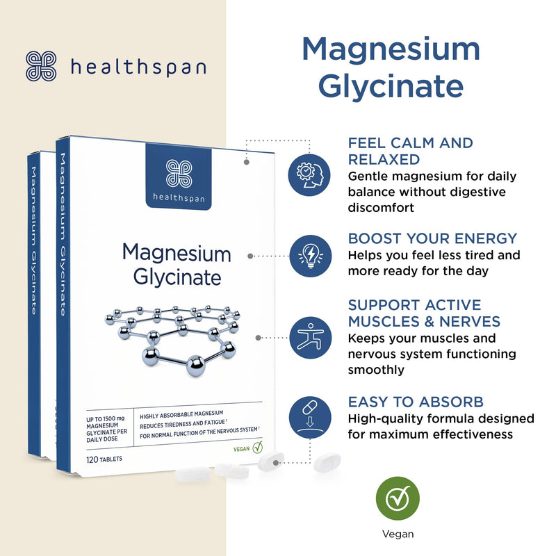 Healthspan Magnesium Glycinate 1500mg | Unwind at Bedtime | Reduces Tiredness & Fatigue | Maintains Normal Muscle & Psychological Function | Gentle on Your Stomach | Vegan (240 Tablets) 120 count (Pack of 2)